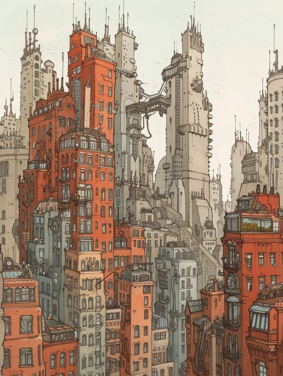 マッティアス・アドルフソンによる3：4の作品で描かれた、壮大な建物が荘厳にそびえ立ち、都市のスカイラインを定義しています。