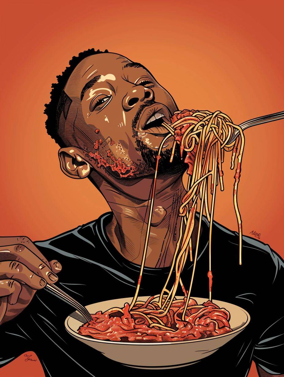 Will Smith eating messy spaghetti with tomato sauce, illustration by Hergé, perfect coloring, 8K