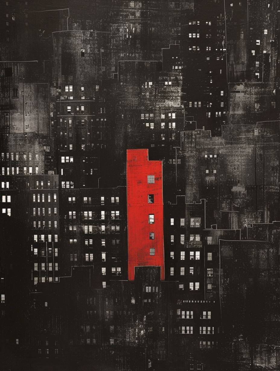 A black and white cityscape in negative colors, a single red building alone