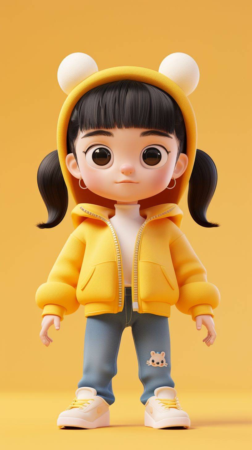 Blind box design, popular market style, cute little girl, wearing JK clothes, standing posture, solid color background, 3D stereo, C4D, OC rendering, 8K, clean background, super detail main view