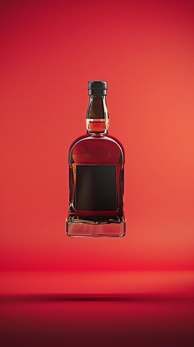 bottle of whisky, floating, red background