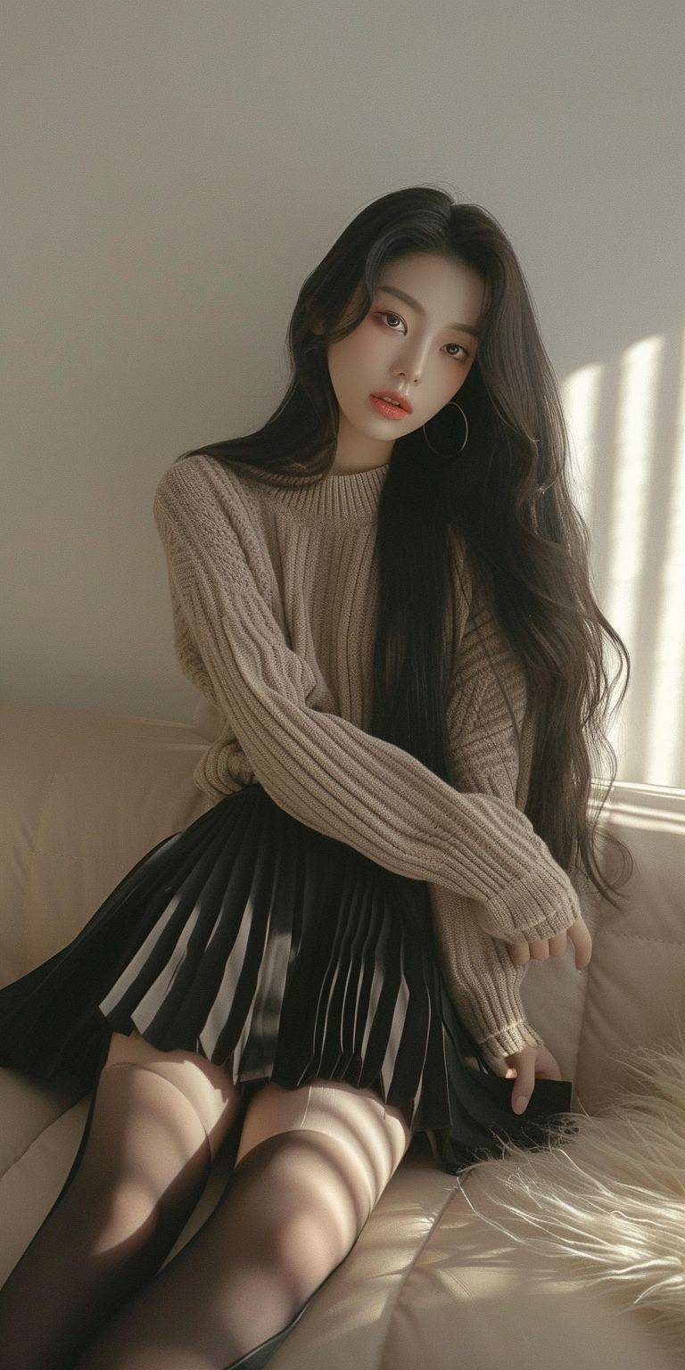 Asian beauty, long hair, interior, white wall, sitting on sofa, long sleeved sweater, pleated skirt, black transparent pantyhose, seven-in-one lens, real photo