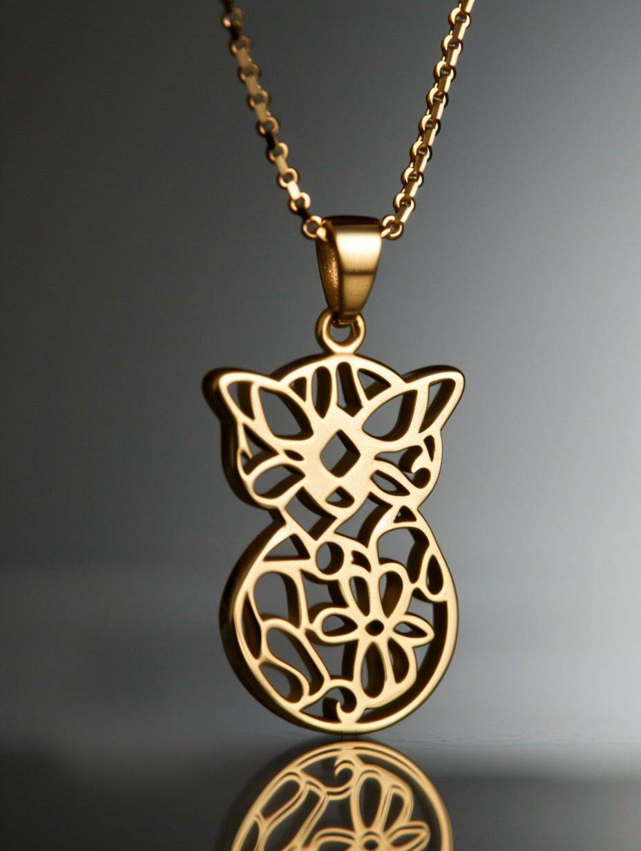 A gold pendant features a cute cat, in the style of cut-out silhouettes, conceptual elegance, metallic finishes, contest winner with an aspect ratio of 3:4