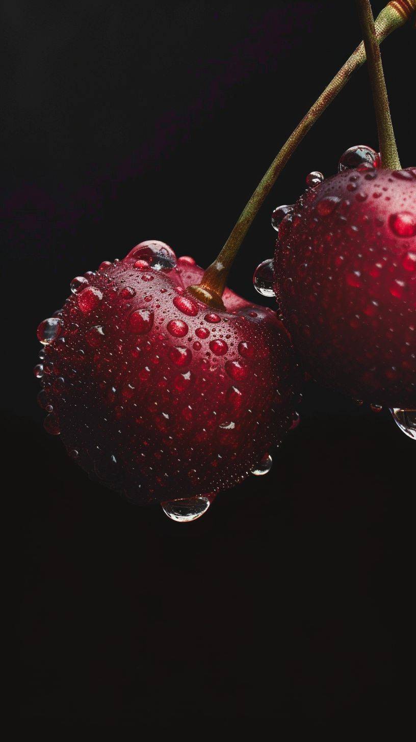Water droplets on red cherries, black background, in the style of dark silver and dark maroon, applecore, associated press photo, berrypunk, dark red, oshare kei, photorealism, minimal, good vibes, dark color backgrounds, minimalist