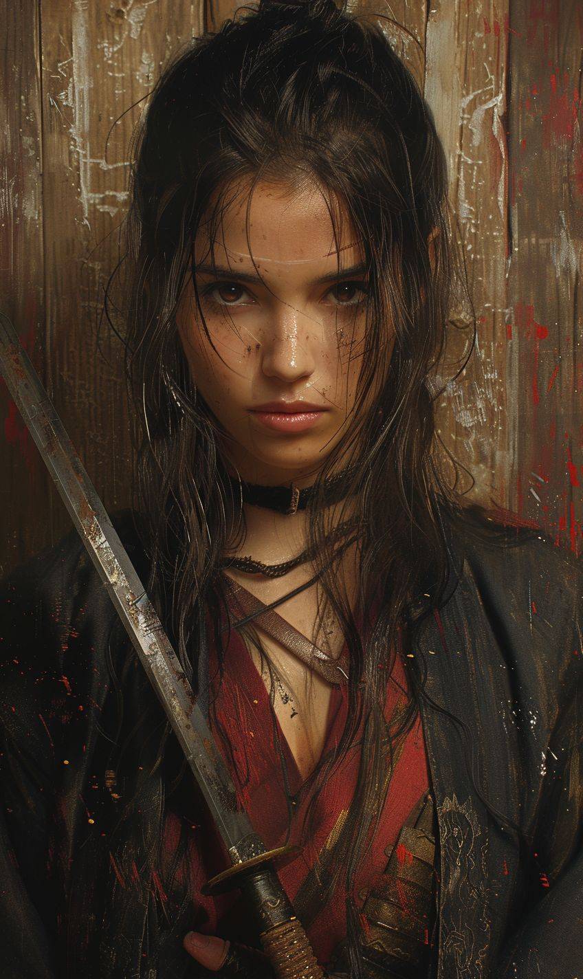Samurai girl, in the style of cinematic realism, atmospheric impressionism, darkly romantic realism, pre-raphaelite realism, grainy, soft-focused realism