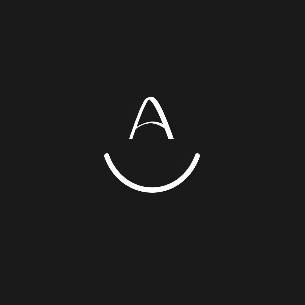 A字のモダンでシンプルなロゴ。小さな微笑みのライン。黒
