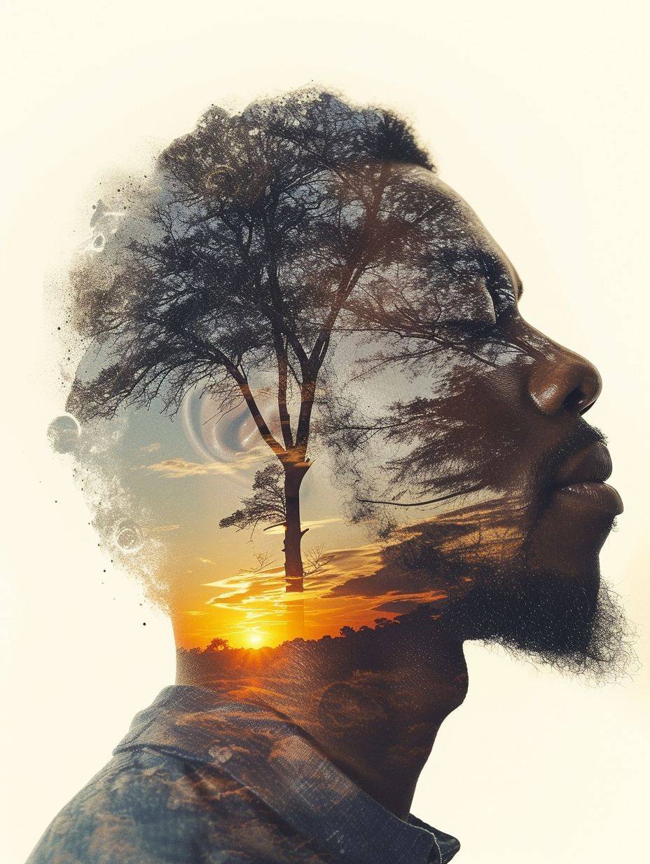 The fall movie poster of a handsome Nigerian man closing his eyes in meditation with the sunrise behind him, white background, in the style of expressive painterly textures, meditation in the style of double exposure, aquarellist, iconic album covers, realist-portraits, nature-inspired, #myportfolio, daguerreotype --ar 3:4 --v 6