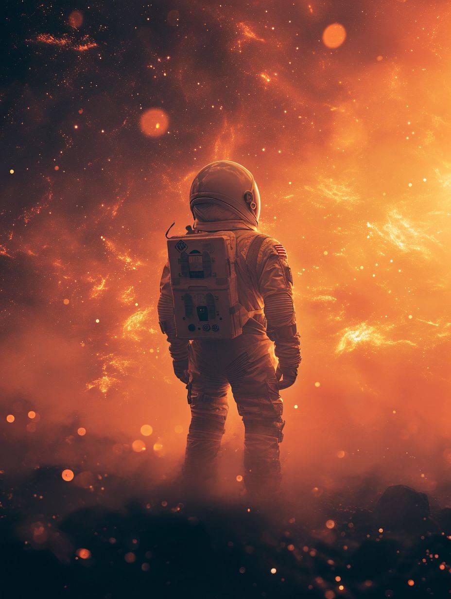 An astronaut stands in the dark with stars viewing the sunset, in the style of detailed fantasy art, 32k uhd, bokeh, pencil art illustrations, quantumpunk, imaginative characters, photorealistic detailing