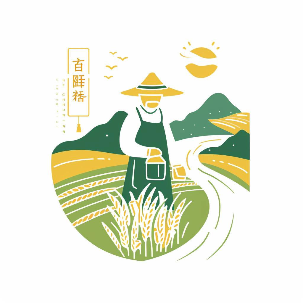 Cartoon logo, design a rice logo called musesai incorporating elements of fields and flowing water. There is an old man farming inside, appropriately incorporating grain elements. There is a rural gate element, using green and yellow, and adding a little blue, low saturation, lively, preferably with landscape elements, white background, minimalist style, Japanese style.