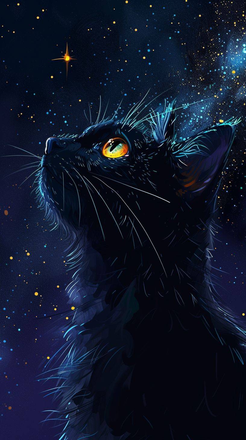 星夜の中の黒猫、フラットシェーディングのスタイル、2D、ディズニーアニメーション、マジックウェーブ、アルバムカバー、ダイナミック印象派