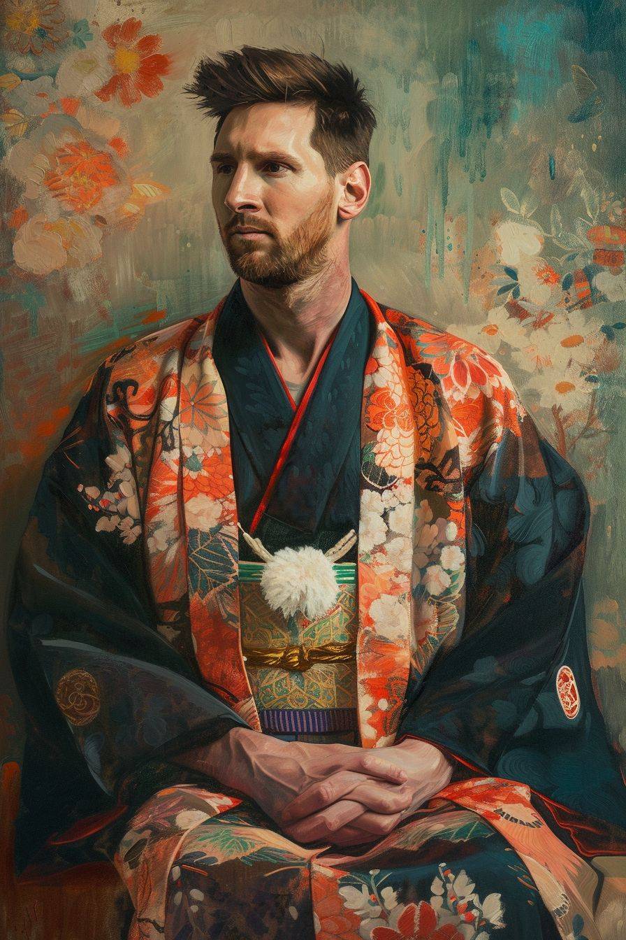 Draw an oil painting, Messi wearing a Japanese kimono