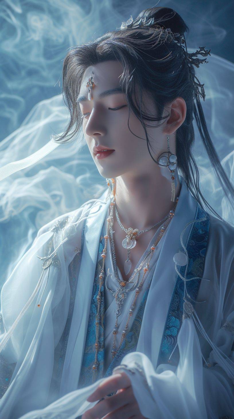 A 29 year old Chinese boy wearing a necklace, Taoist clothing, inspired by Sim Sa jeong, Azure. Fine hair, Prince Shunten, antique style artwork, fantasy aesthetics Guvez, mist, god of spring, 8K high-quality/detailed art, sweet smile, full body shot, spring scene, action shot, super realistic, 8K --ar 9:16 --v 6
