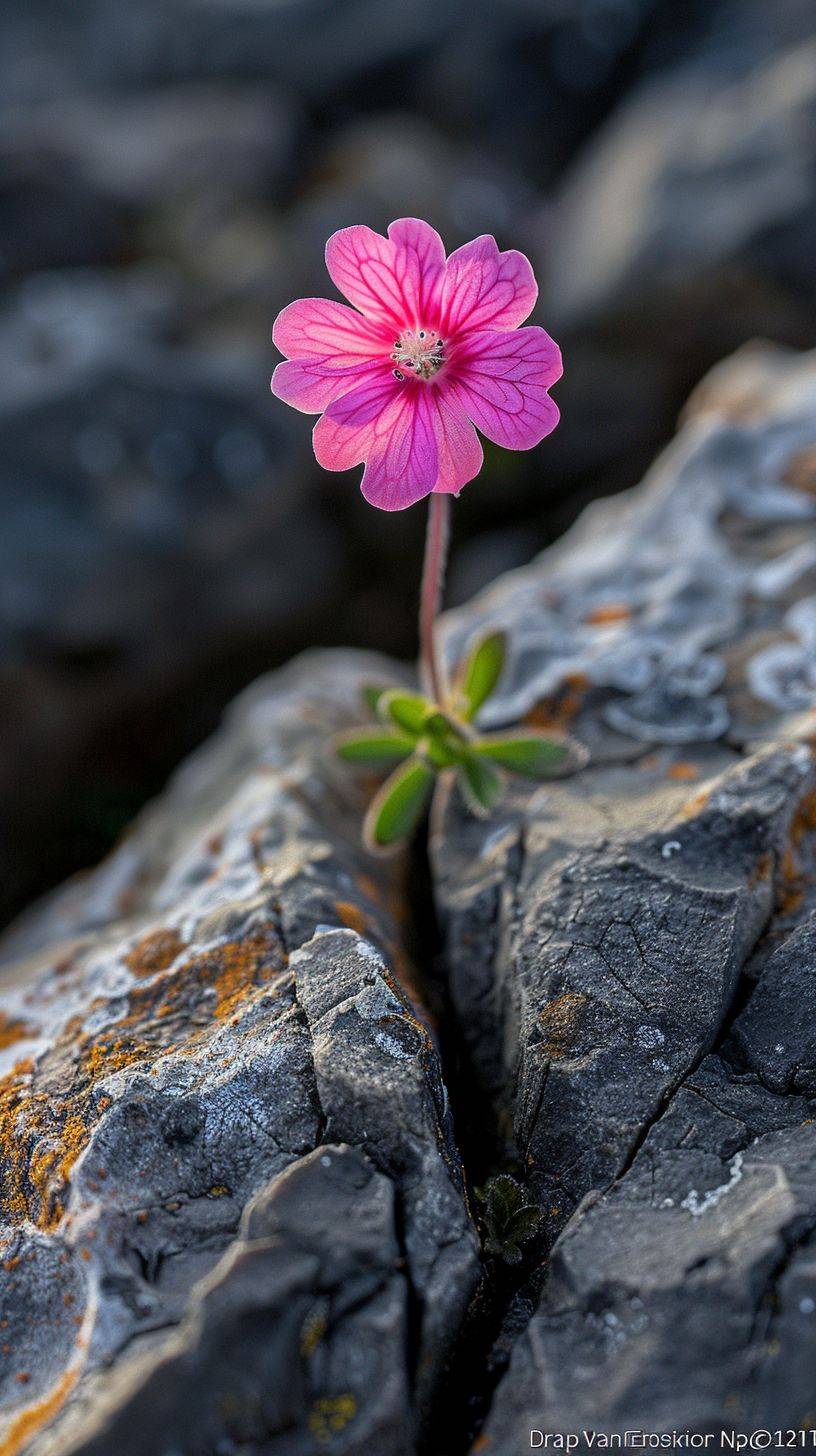 The small flower growing out of the cracks in the stone.