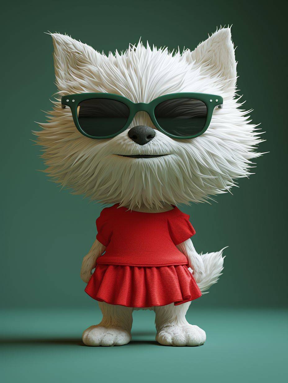 3Dの3次元の犬を生成し、非常に擬人化されており、赤いドレスを着用し、サングラスを着用