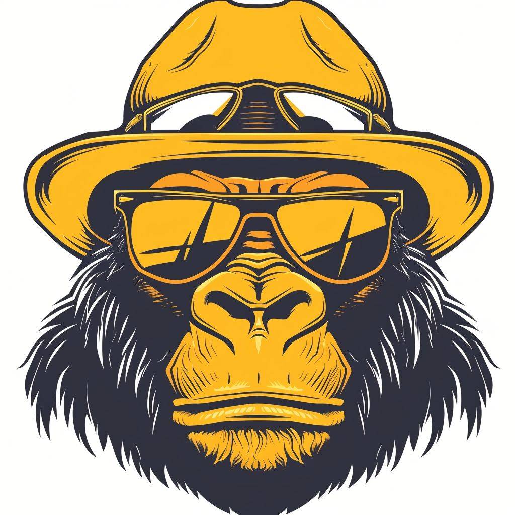 A cool logo based on the gorilla illustration with a white background, using yellow as the dominant color and suitable for NFT PFP, without any text or pen in the background, and with more emphasis on yellow, and with a gradient effect on the background, and with some additional creative elements such as glasses and a hat, and without any pen or text in the logo --v 6