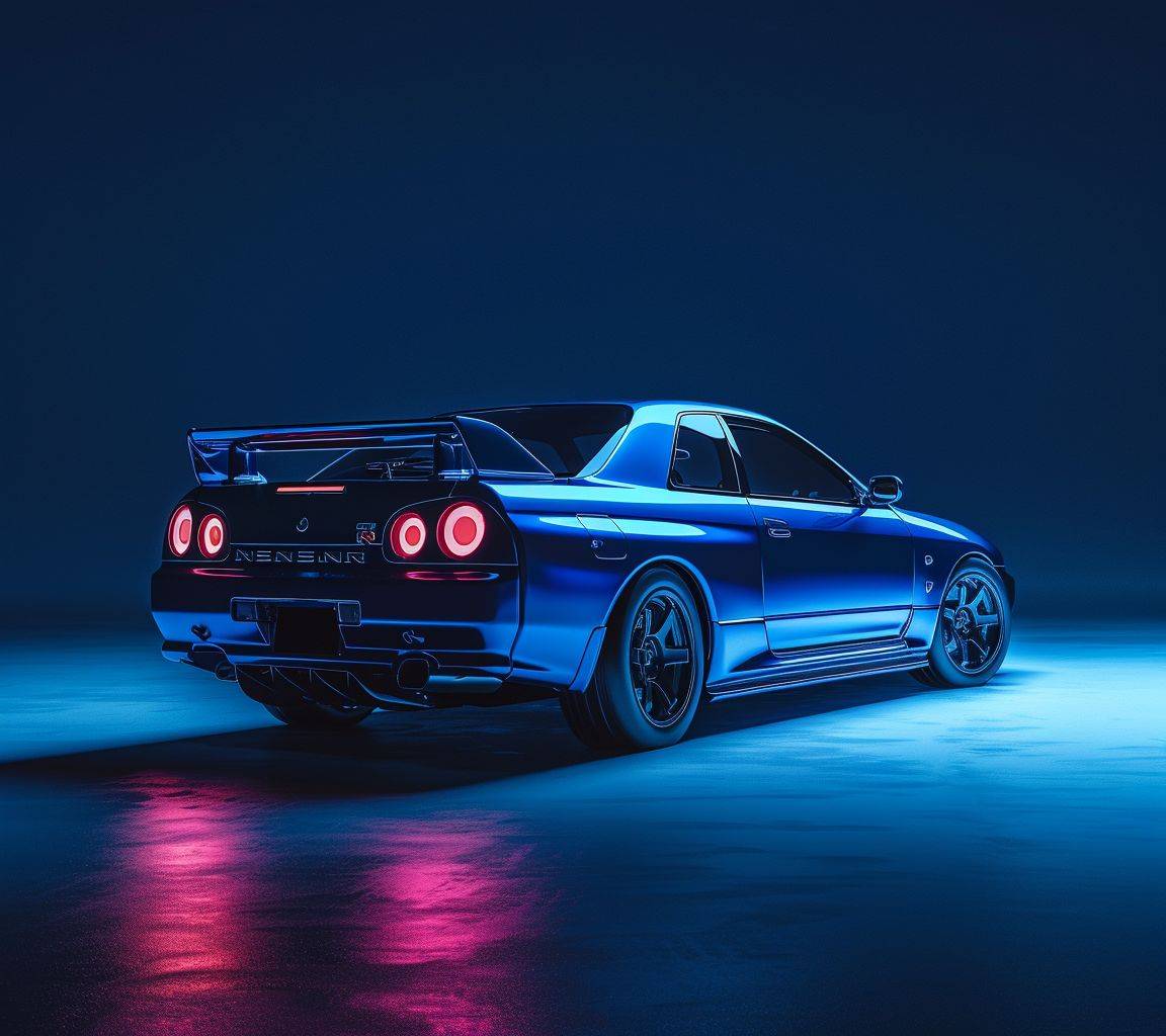 Nissan Skyline GT-R, blue color, with spoiler, low angle back side shot, rear stop lights on, studio lights