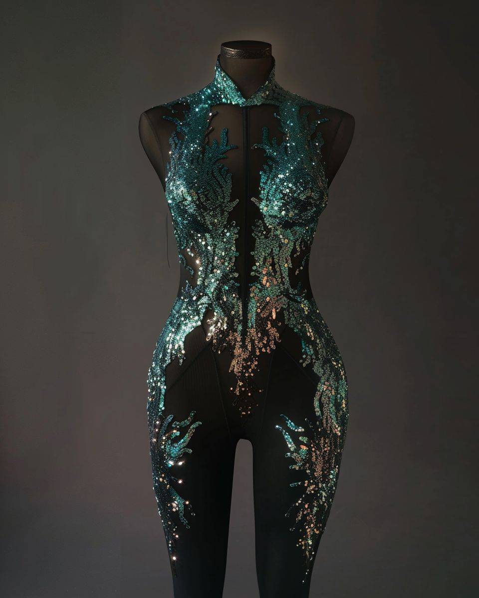 Glamorous beautiful sleek acrobatics one-piece design displayed on a mannequin torso, vivid teal gradient accents on black covered in shimmering iridescent sequins, high-cut thigh, high neck line, ethereal light --chaos 5 --ar 4:5 --v 6