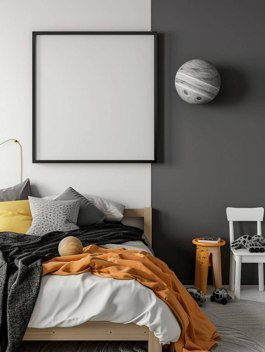 Modern kids bedroom, bed, mock-up picture frame on wall, space theme, black and grey style