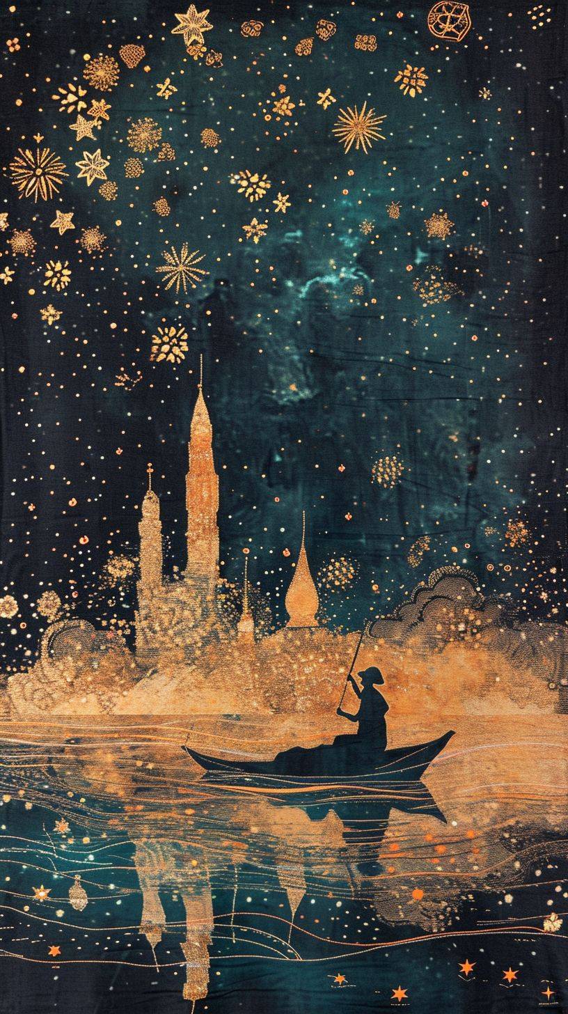 Colourful silk and gold embroidery depicting a ferryman crossing a river of stars, intricate design, minimalism, dark background