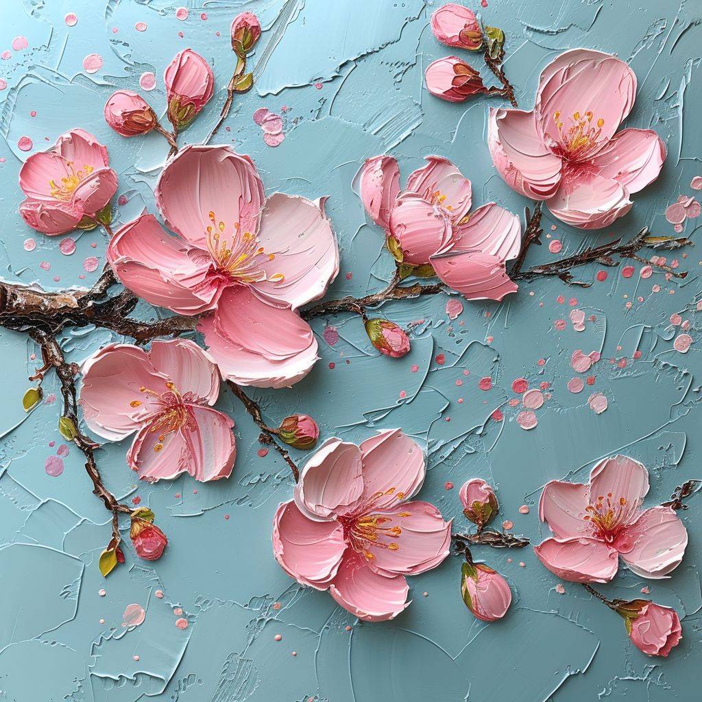 桜花、油絵、粗い筆触