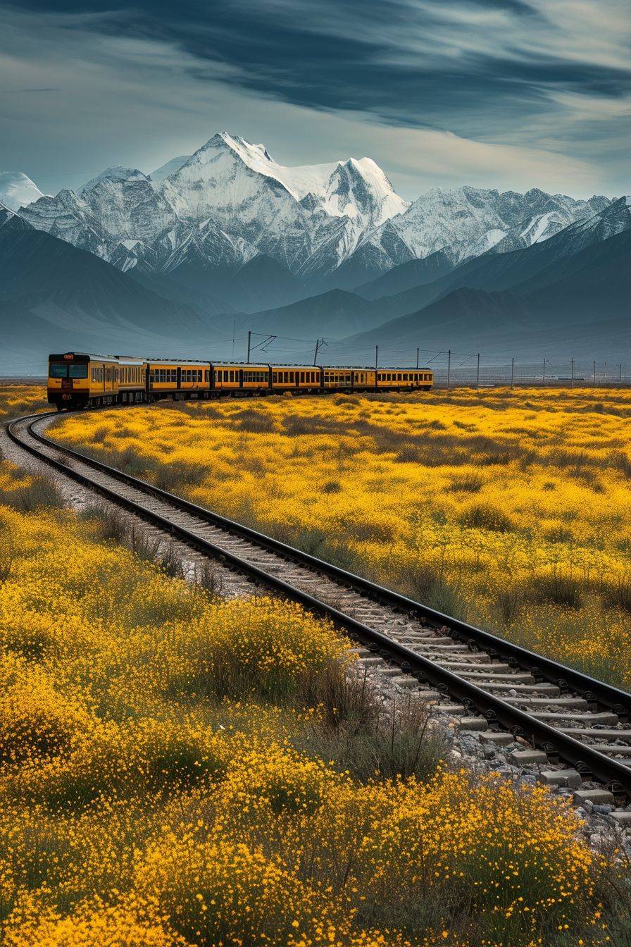 青藏鉄道は中国の列車で、雪山が美しい青藏高原を走っています。春には野原に花が咲き、新鮮でロマンチックな雰囲気を醸し出します。低いアングルからの視点で、最高の画質、写真撮影賞—ar 2:3—v 6。