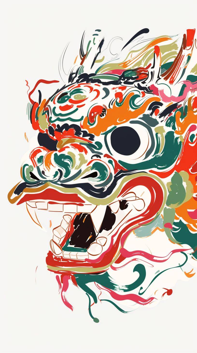 A cartoon Chinese dragon by Wu Guanzhong, in a cute style, front view, multicolored, featuring a close-up of the head with a happy expression, rendered in ink painting style. This piece combines minimalism, with influences from Picasso, and is executed in an illustration style with advanced color schemes on a white background, high-definition quality 32k.