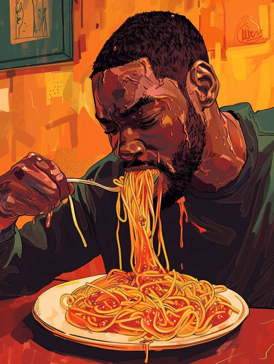 Will Smith eating messy spaghetti with tomato sauce, illustration by Hergé, perfect coloring, 8K