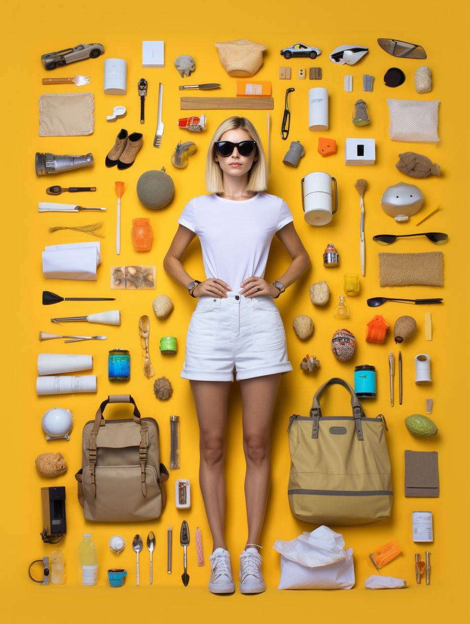 A full-body portrait of an American girl wearing beach attire, sunglasses, a white T-shirt with a Nike logo, white sneakers, and carrying a yellow backpack. The main color is #ff7ad2, and the photo is neat, realistic, and in 8k high definition resolution, shot from above with text description and data visualization.
