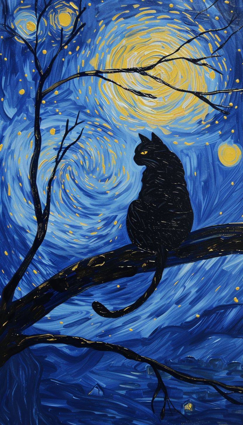 Silhouette of a cat on tree branch in Van Gogh's Starry Night