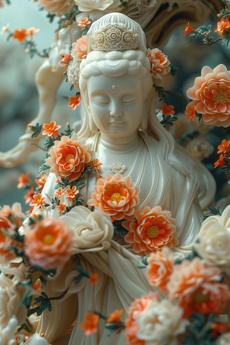 花を持つ美しい白い仏陀、マクロズームスタイル、daz3d、ダークベージュ、HD、カービング--カオス20 --スタイル ロー --アスペクト比 2:3 --スタイライズ1000
