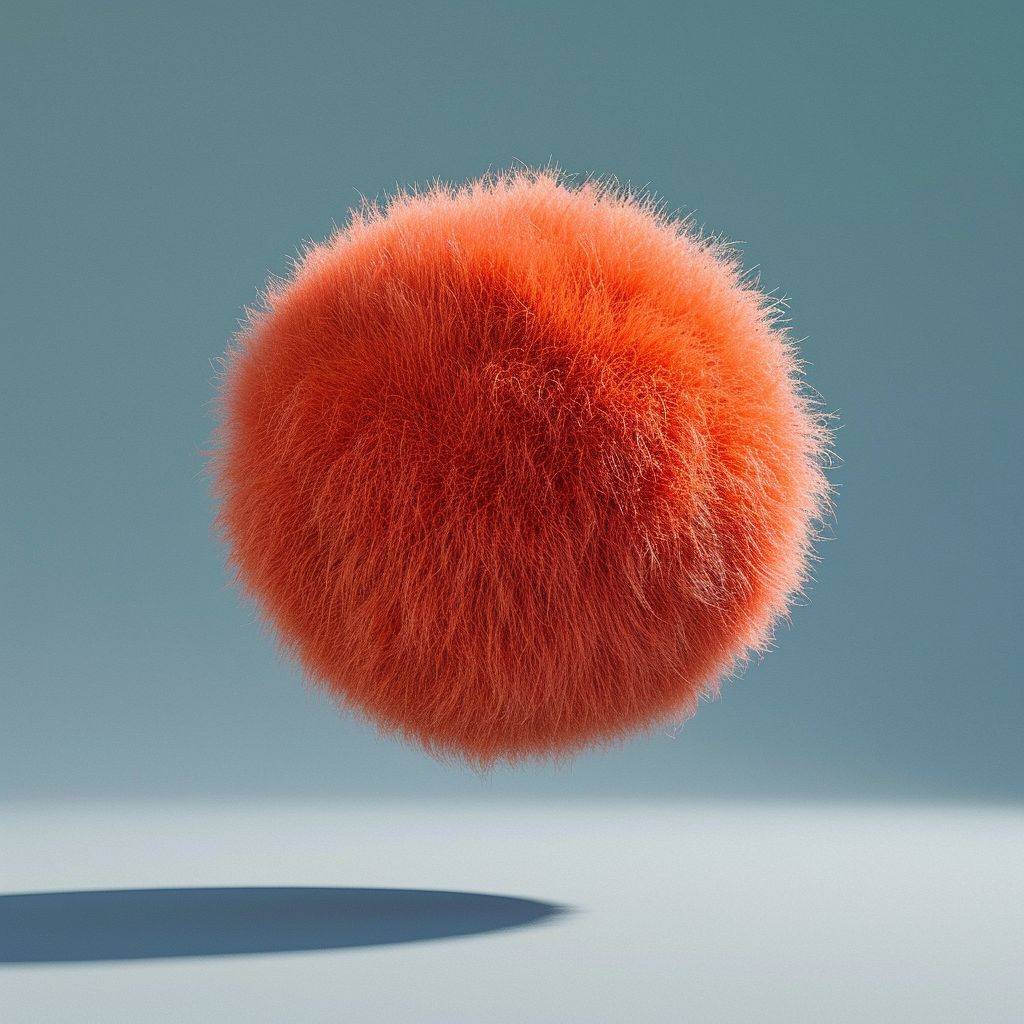 a fuzzy spherical orb in the style of red fluff, floating weightlessly in midair, floating levitating gliding flying airborne
