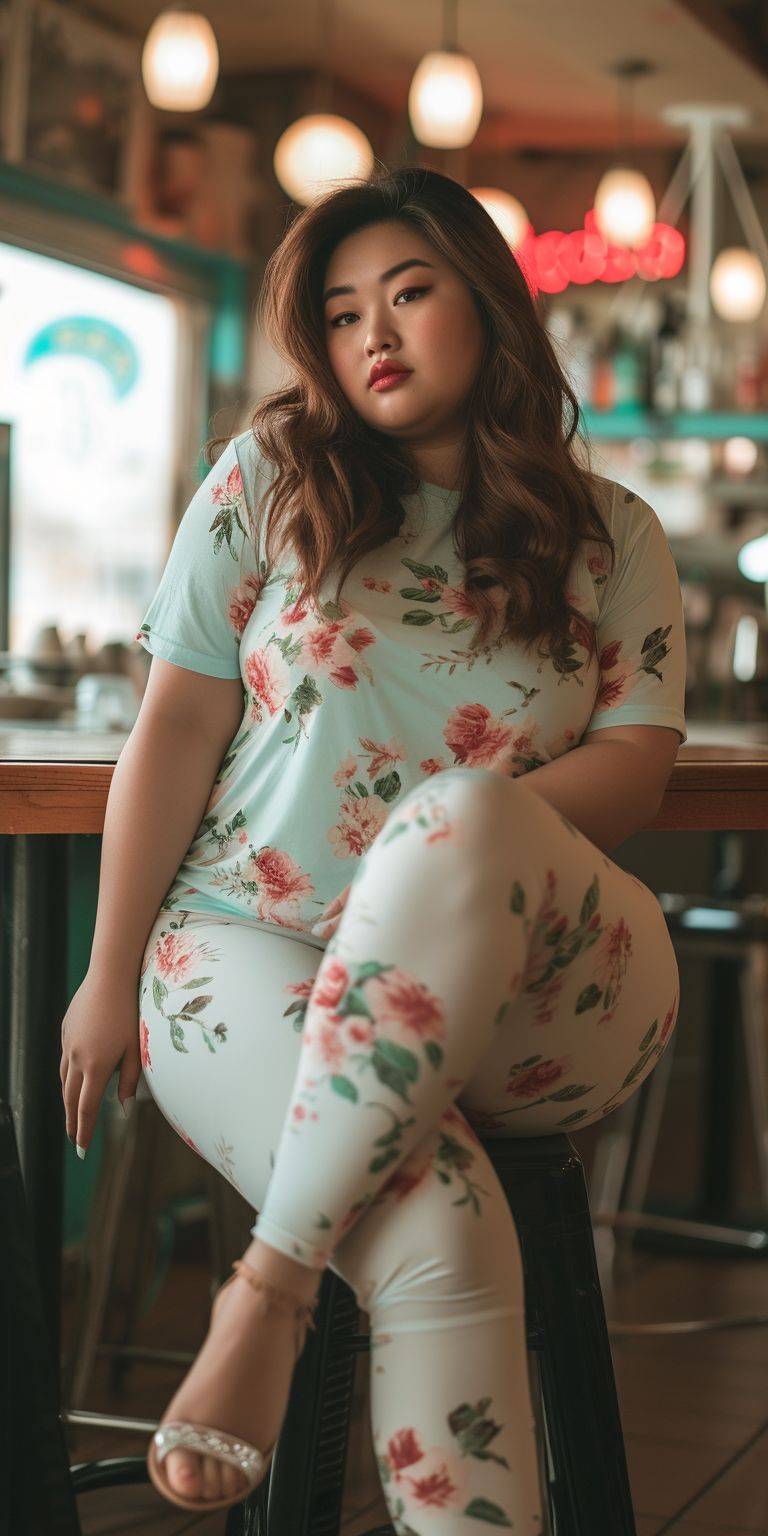 アジアのぽっちゃり美女が花柄のTシャツとレギンスを着用し、ハイヒールを履いて喫茶店で座っています。フルフィギュアの実写写真