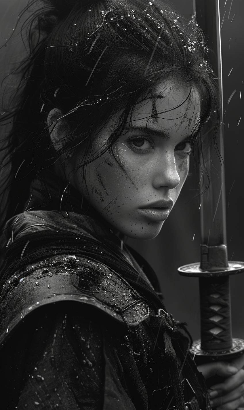 Samurai girl in the style of black and white realism, atmospheric impressionism, darkly romantic realism, pre-raphaelite realism, grainy black and white photos, soft-focused realism