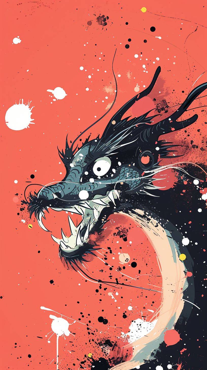 Chinese dragon animation drawn by Wu Guanzhong, Very cute dragon, cartoon, Funny and silly, Front view, black., Close-up head, Artistic conception of ink painting, Abstract simple lines, minimalism, Picasso, Advanced color matching, White spots on a red background, 16K, Doodie illustration