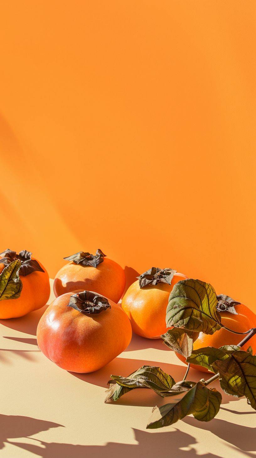 Persimmons on the table, persimmon poster, sunshine light, rainbow, dreamy, solid color background, light orange background, gorgeous colors, minimalism