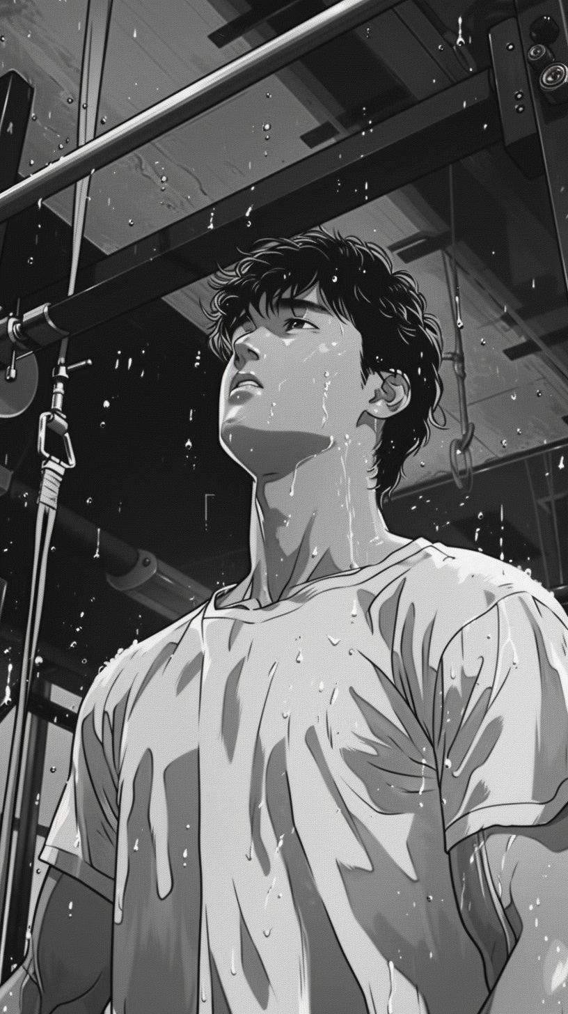 Create an image that captures the essence of 1990s anime style, featuring a slender male figure wearing an oversized white t-shirt. The scene is set in a gym where the man is visibly straining to lift weights on a bench press. His effort is highlighted by the detailed depiction of sweat on his skin, emphasizing the intensity of his workout. The artwork should be in black and white, mirroring the specific aesthetic of a genuine anime series from the 1990s. The composition should closely resemble a screenshot from an anime, with attention to the characteristic art style of the era, including the facial expressions, body language, and the gym environment around him.
