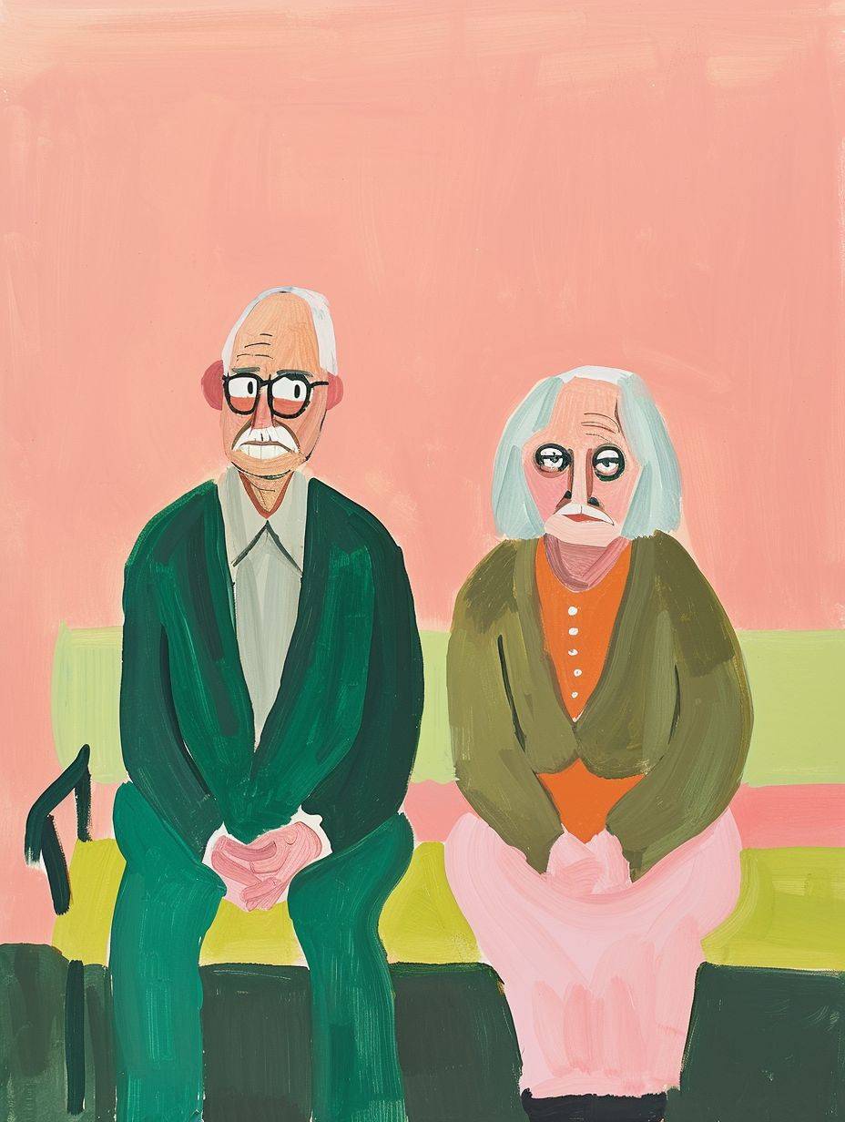 Maira Kalman and Henri Matisse illustration in pink and green colors, gouache, muted soft colors, textures, crayons.