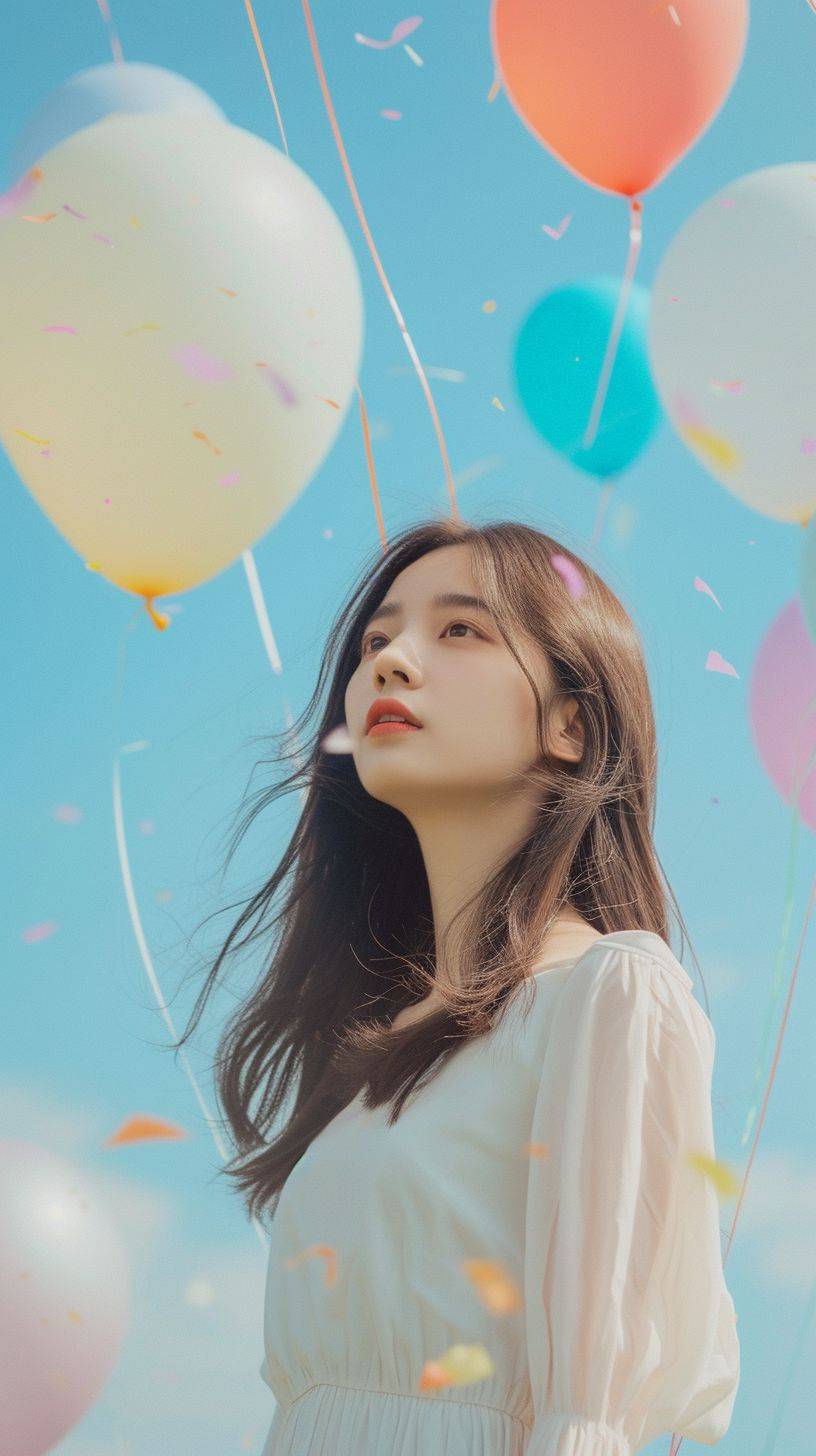 A 19-year-old cute Chinese girl stands under the sky, long hair, front view, colorful balloons in the sky, extra long shot, airy and light, dreamy lofi photography, super detail dreamy lofi photography, colorful, inside view, shot on fujifilm XT4 --ar 9:16 --v 6