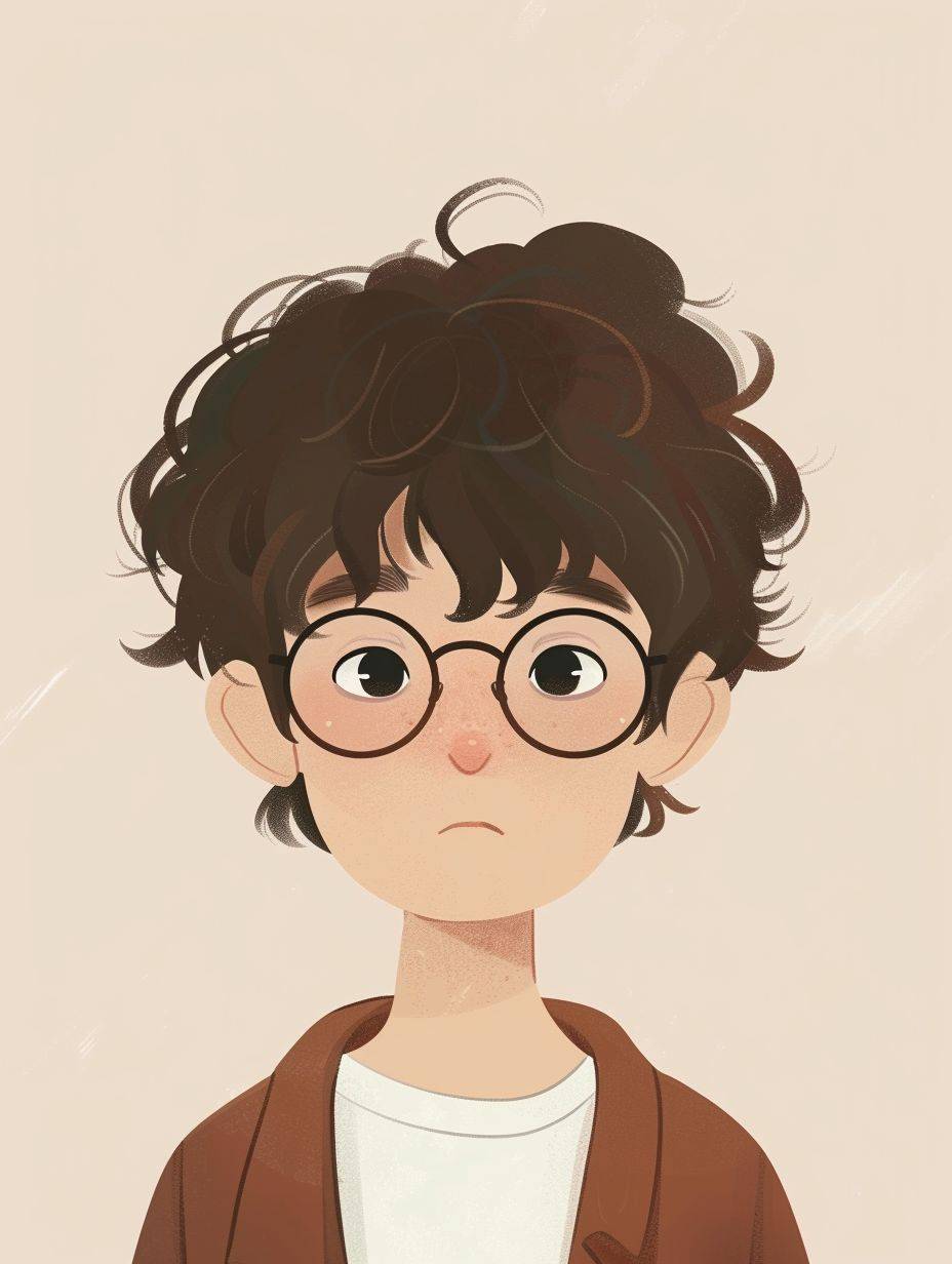 Kakao Talk emoticon, profile picture, Korean boy, round glasses, dark hair, brown eyes, flat design, Jon Klassen style