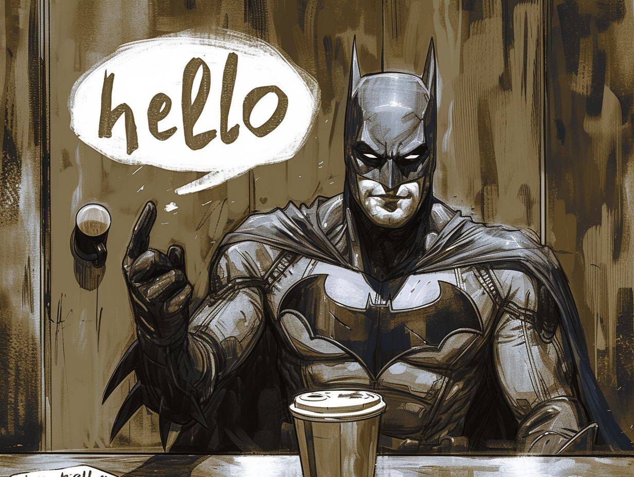 Batman drinking a coffee and saying 'hello'