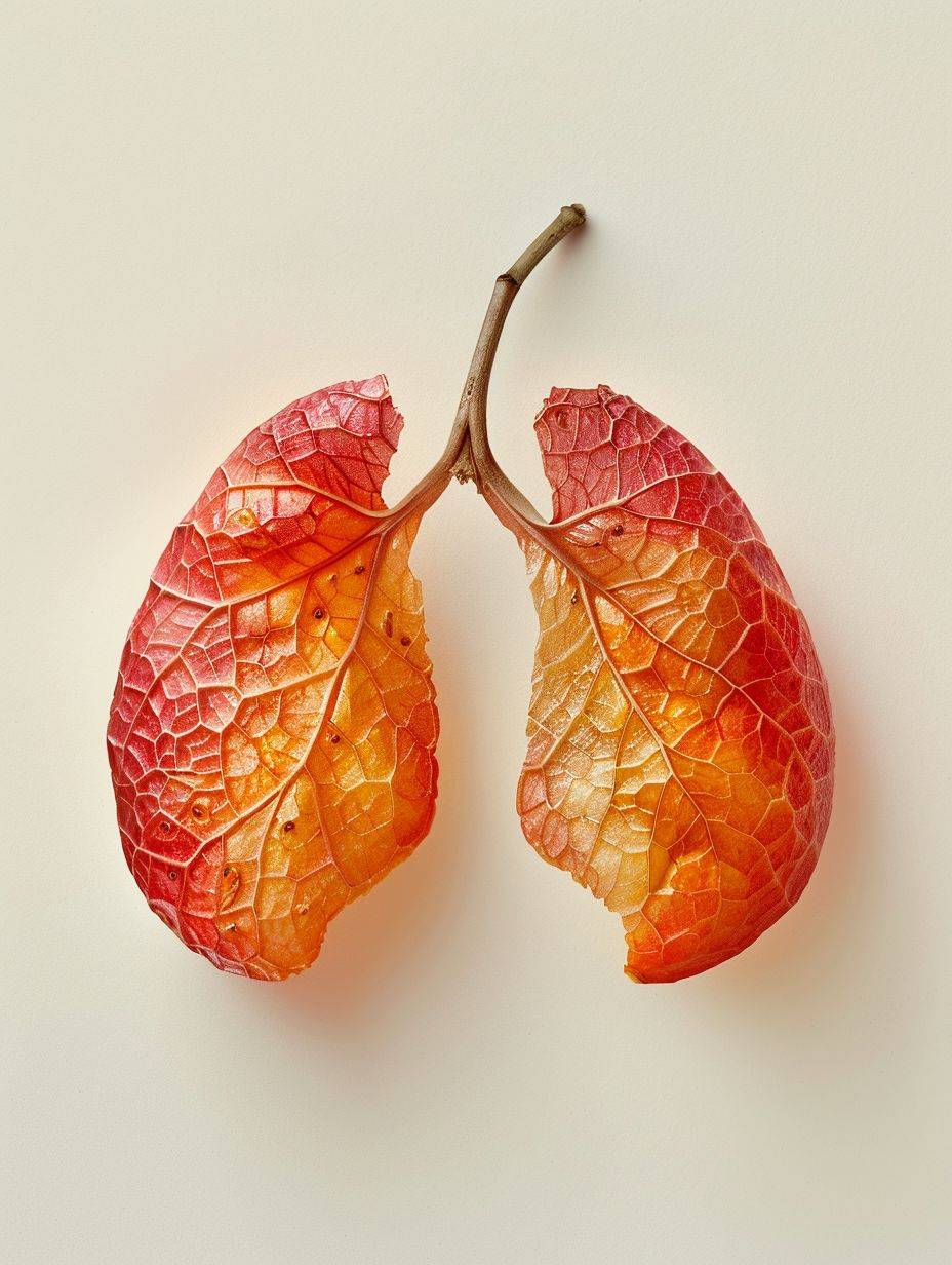 A photorealistic image of two [FRUIT/VEGETABLE] pieces placed side by side on a white background, resembling the shape of human lungs.