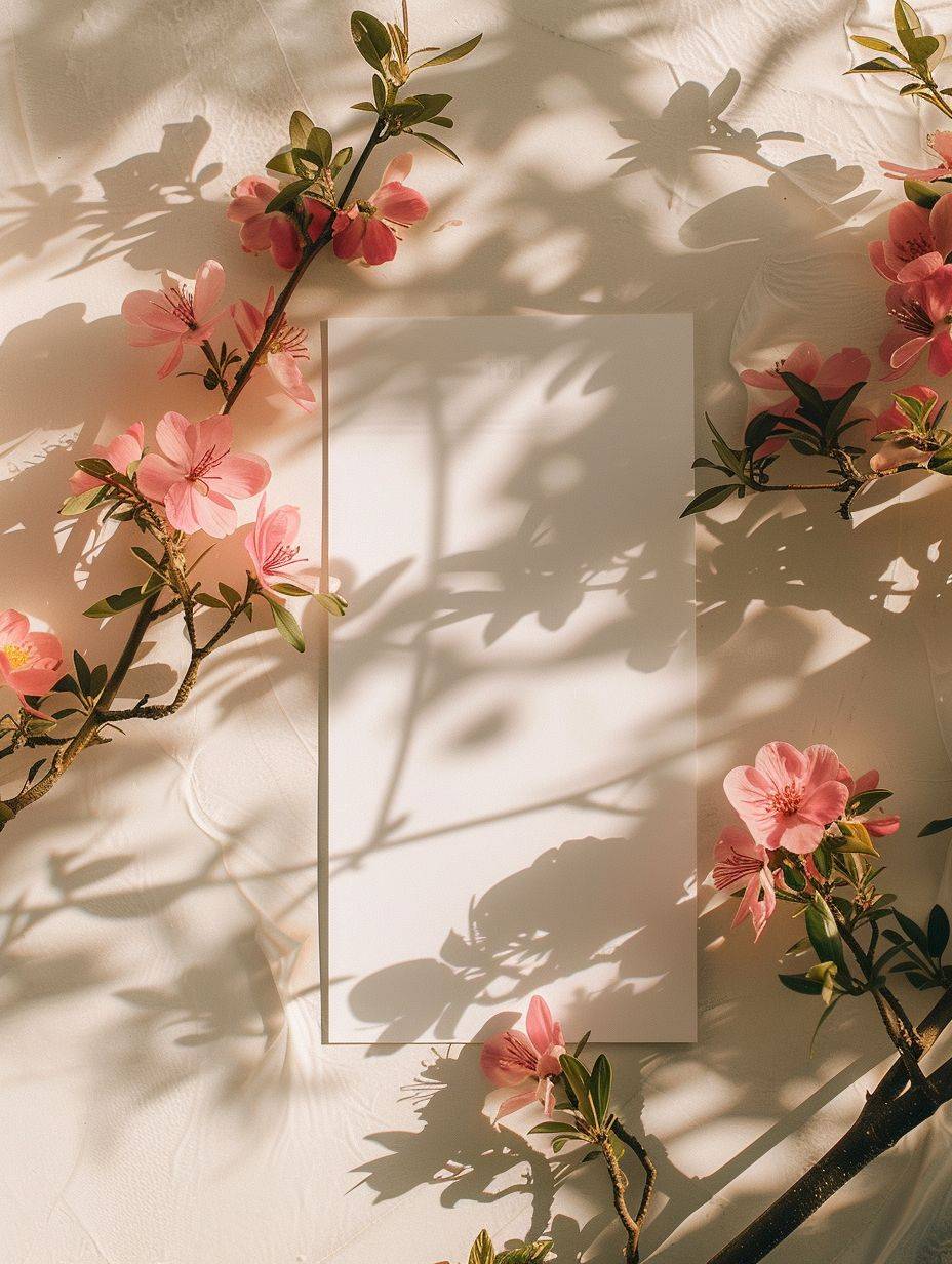 a blank polaroid mockup, on a minimal plain background, flowers, shadows, minimal, shot by fujifilm