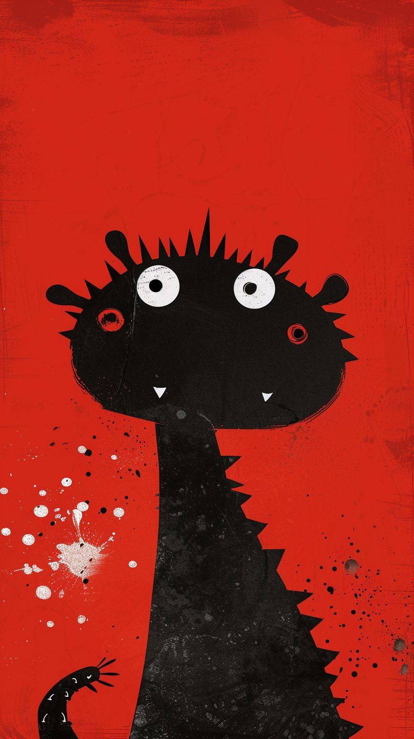 Chinese dragon animation drawn by Wu Guanzhong, Very cute dragon, cartoon, Funny and silly, Front view, black., Close-up head, Artistic conception of ink painting, Abstract simple lines, minimalism, Picasso, Advanced color matching, White spots on a red background, 16K, Doodie illustration