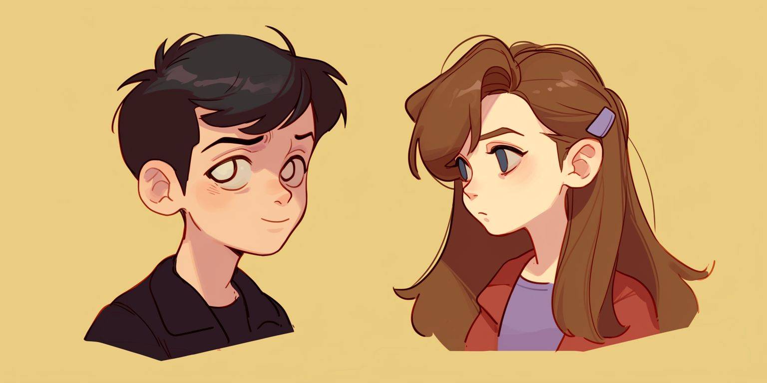 Couple avatar, one side is a girl, the other side is a boy, cartoon style.