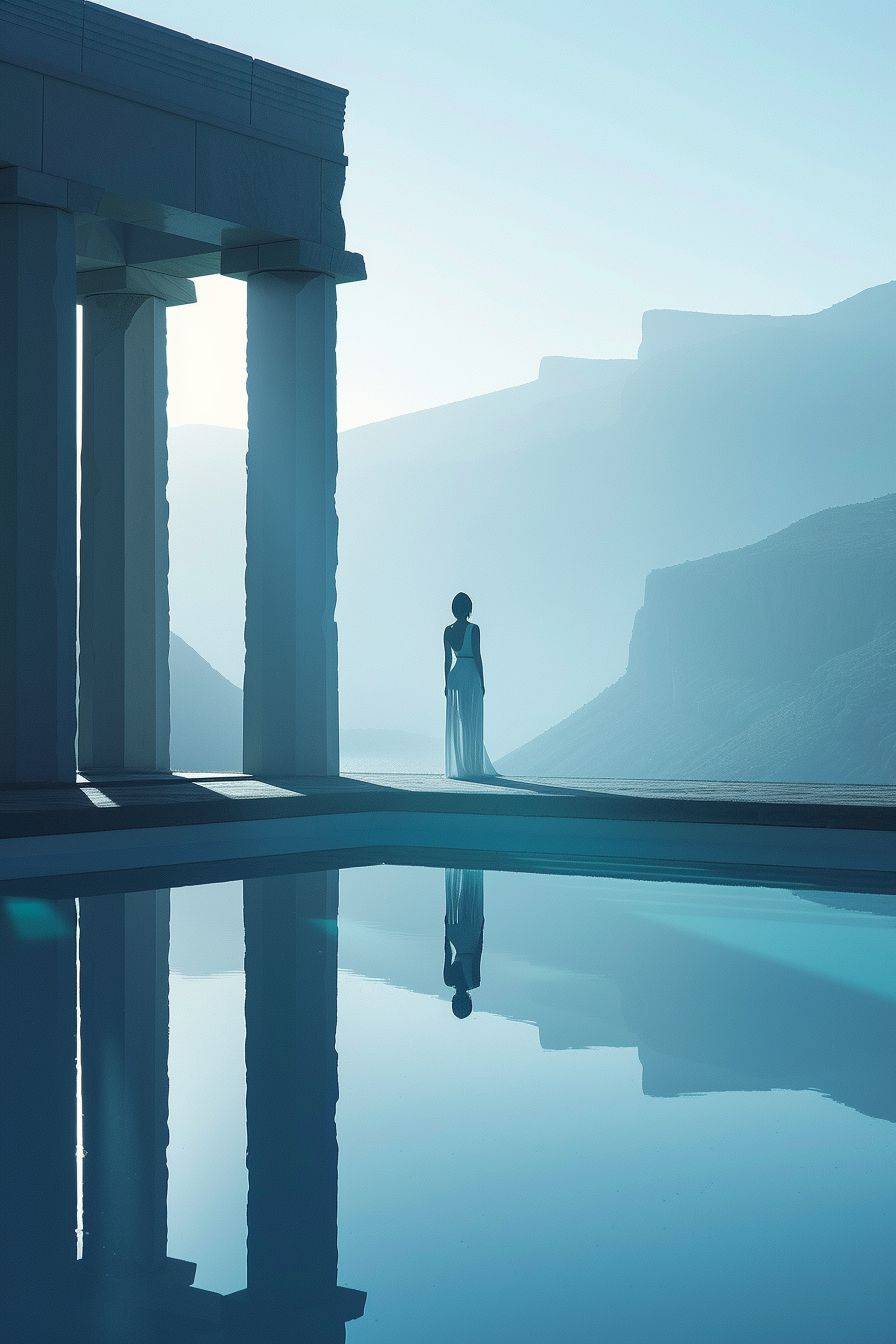 A full body view of the beautiful Greek princess in an ancient Greek monumental pool with a view of the mountains in the distance, at the early morning light, dramatic moody scene, blue cinematic tone, dramatic and stunning award-winning photo, dramatic linear delicacy, hyper-realistic skin, global illumination, very natural features, TIME cover photo, blue cinematic tone, dreamy atmosphere, shot on Hasselblad, highly realistic, photography, depth of field, extremely detailed, ultra sharp.