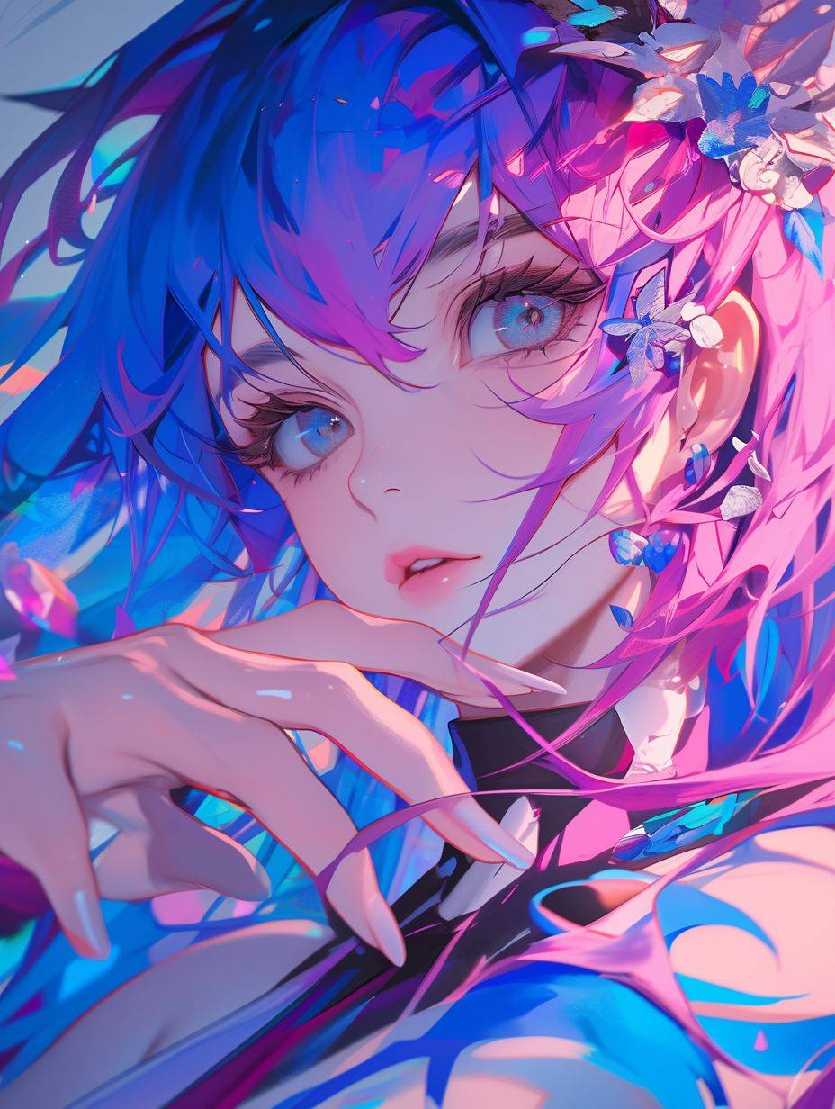 A digital [subject] with vibrant anime art style shines in a palette of dark [color1] and [color2], In the style of artists Shilin Huang and Guillaume Seignac. Exudes an aura of [mood], perfectly blending the elements of [theme] and ethereal beauty. The eyes, brimming with life, sparkle with a mesmerizing shine, adding a touch of spectral fascination to her already captivating presence --ar3:4 --niji6