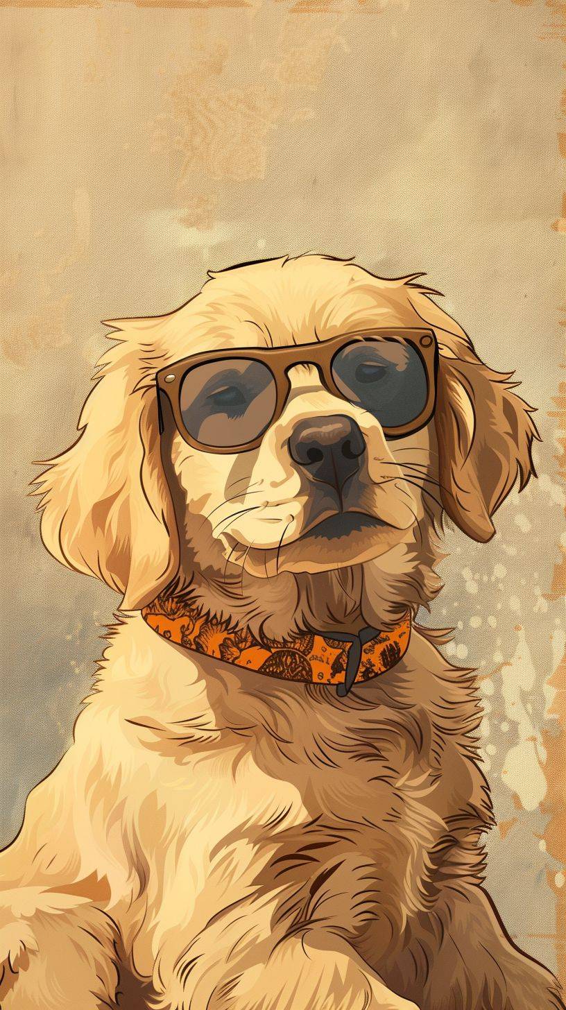 かわいいゴールデンレトリバーの子犬、サングラスをかけた柔らかいコミック風、ローファイスタイル、背景なし