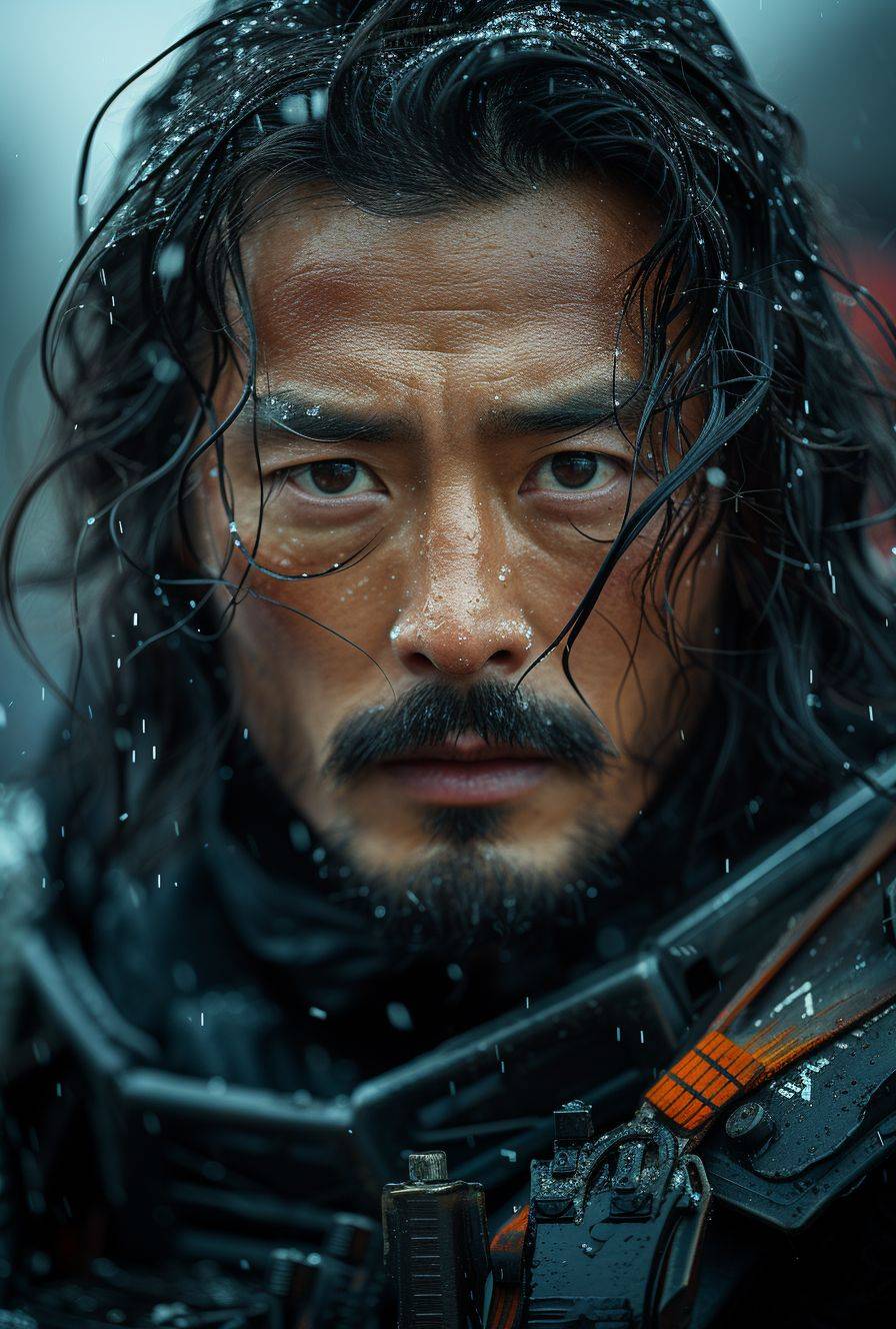 Hiroyuki Sanada, in his early thirties, wearing long hair and futuristic tactical gear. Arri Alexa 8k VV. Cinematic. Unreal Engine. Detailed and realistic. Character poster. 8k, HD, cinematography, photorealistic, epic composition--style raw--ar 27:40--v 6--stylize 750