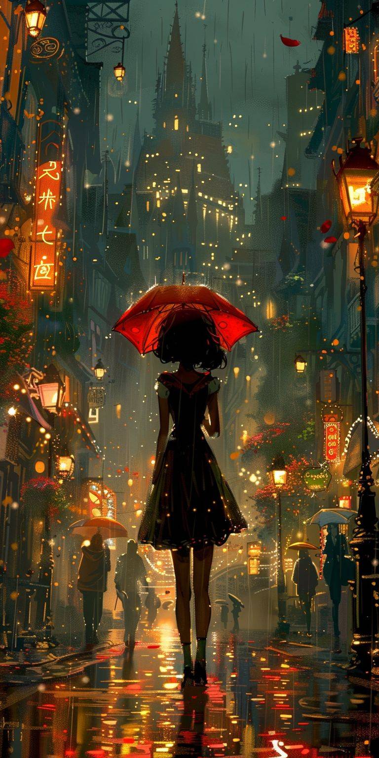 An illustration of a girl walking down a street, in the style of Disney animation, pre-World War II school of Paris, 32K UHD, red and emerald, character caricatures, mysterious backdrops, lively tableaus