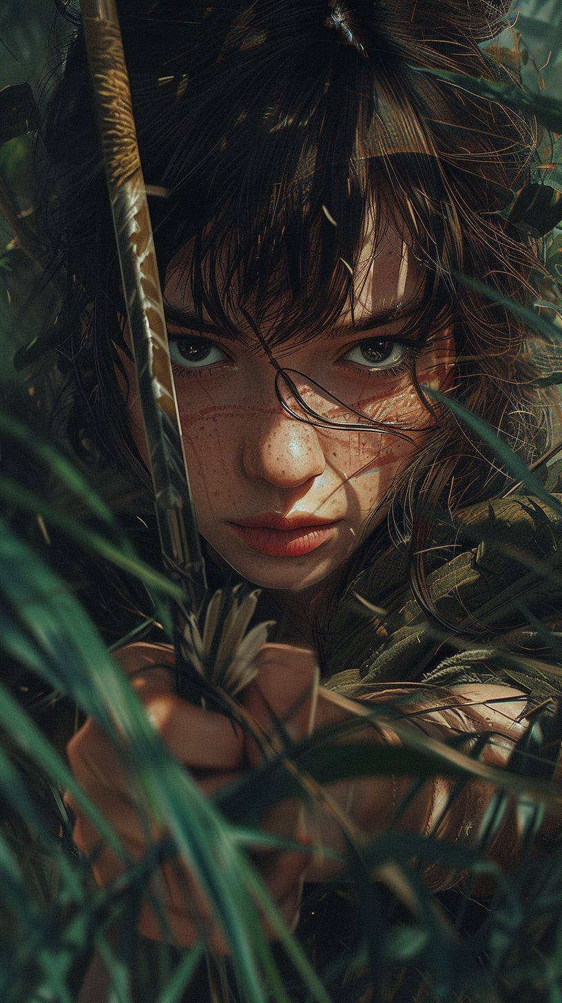 Cinematic photo, a girl holding up an arrow like a sword, in the style of photorealistic eye, anime art, 32k uhd, nature painter, mote kei, dark brown and green, scattered composition, ARRIFLEX 35 BL Camera, Canon K35 Prime Lenses, 70mm, dedication